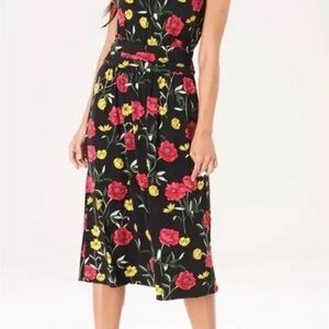 Leota Black Midi Dress with Red and Yellow Floral Design